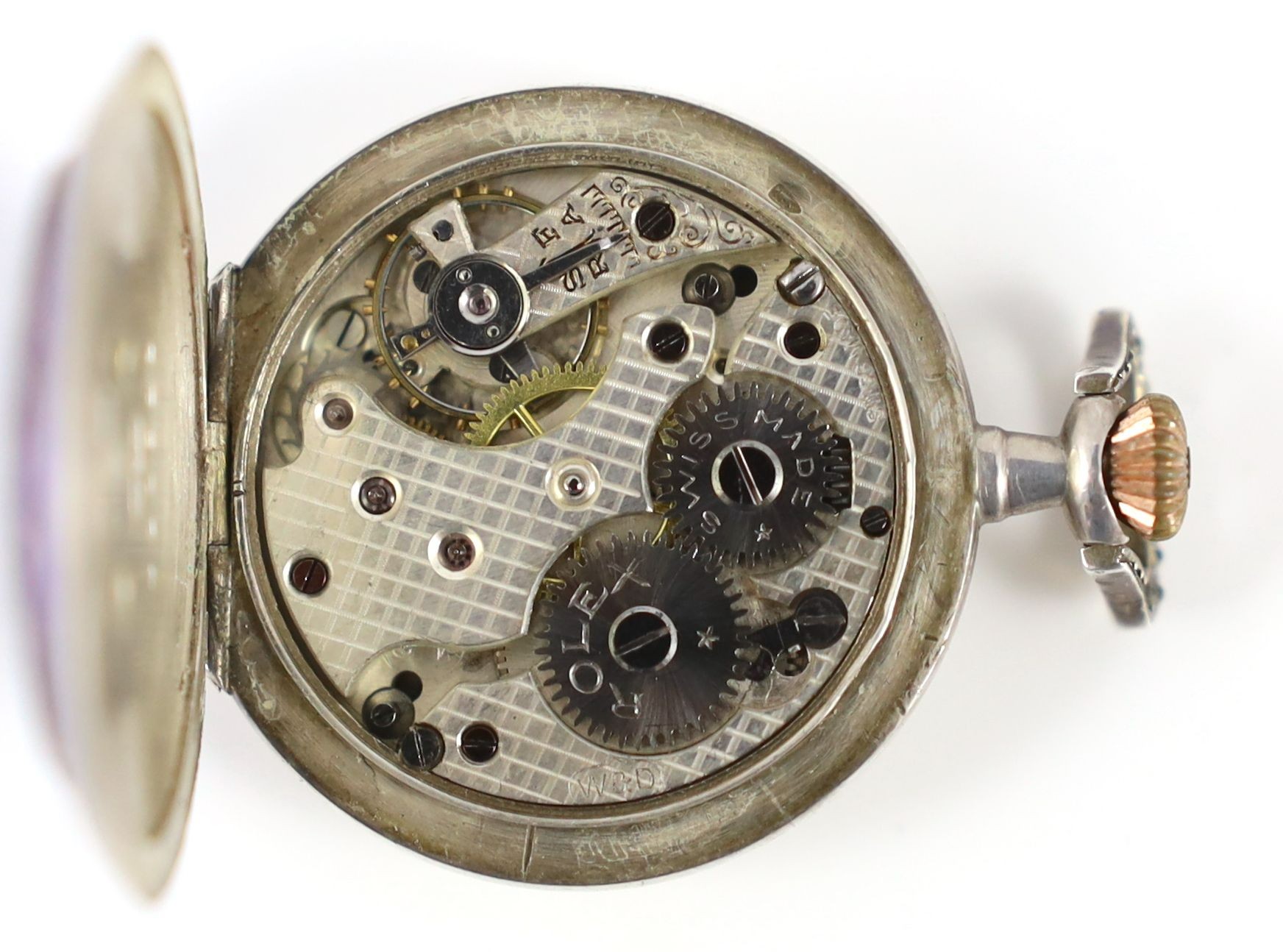 An early 20th century Rolex 935 silver, blue enamel and paste set keyless open face fob watch